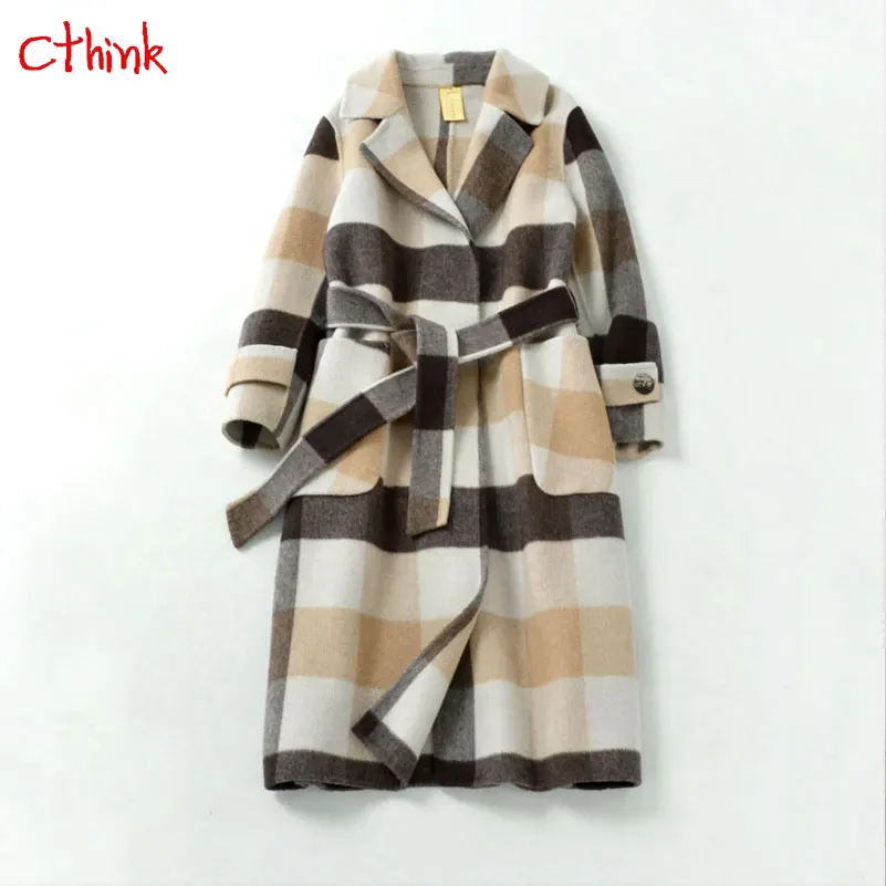 Beste Goede Kwaliteit Plaid Wollen Trenchcoat Vrouwen Winter 2018 Warm Riem Geen Knop Plus Size Wollen Lange Bovenkleding Mode Vrouwen jassen