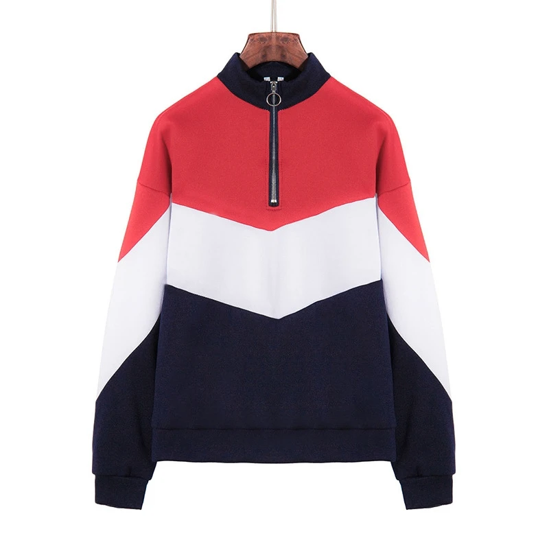 

2019 Autumn Winter Casual Sweatshirt Loose Front Zipper Contrast Color Hooded Long Sleeve Womens Tops Streetwear Plus Size S-2XL