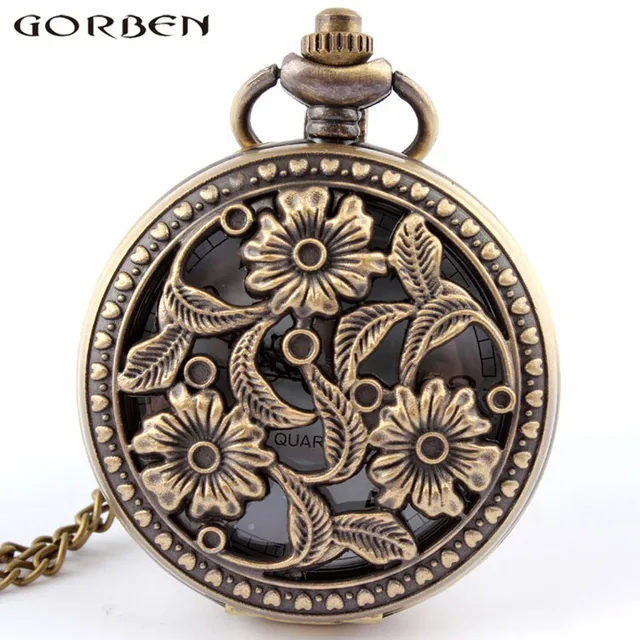 Bronze hollow flower and leaves antique quartz pocket watch retro style unisex q Bronze hollow flower and leaves antique quartz pocket watch retro style unisex q