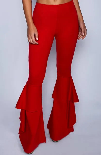 Hippie Women Enthusiastic Red Ruffles Slim Flare Pants Elastic Bottom 2023 Fashion Summer New Wide Leg Trouser Elegant Clothing 4