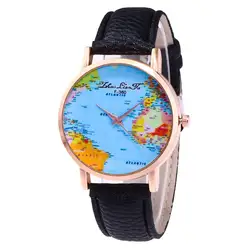 Для женщин Мода кварцевые часы путешествия по всему миру географические Карты узор кожа наручные часы для ношения с платьем для