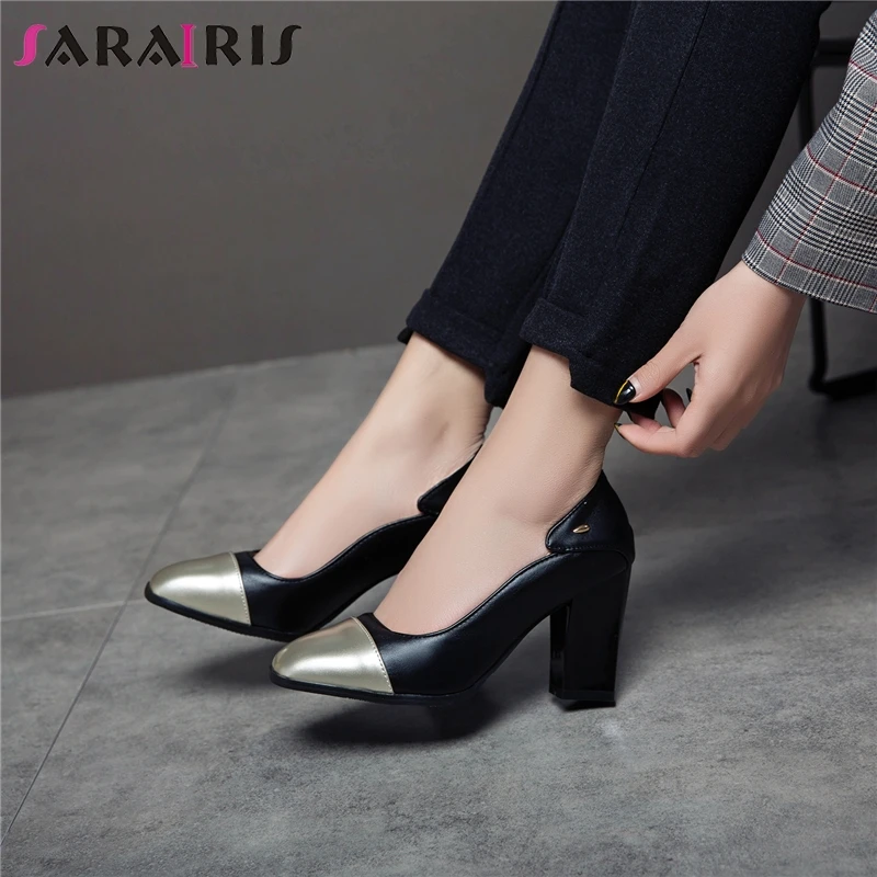 

SARAIRIS 2019 Spring New Plus Size 32-50 Office Lady Patch Work Pumps Women Elegant Shallow High Wide Heels Women Shoes Woman