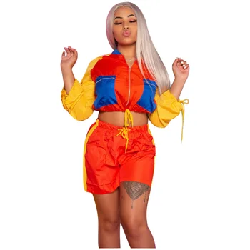 

Spring Autumn Women Two Piece Set Top and Pants Patchwork Color Long Sleeve Pockets Short Jacket Coat Shorts Active Tracksuit