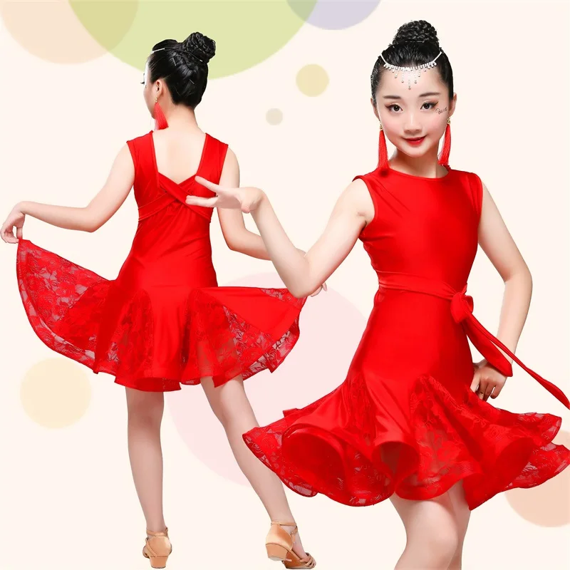 

5pcs Girls Latin Dancing Costume Children Sleeveless Lace Dance Dress Girls Flamengo Dancing Practice Costumes D-0277