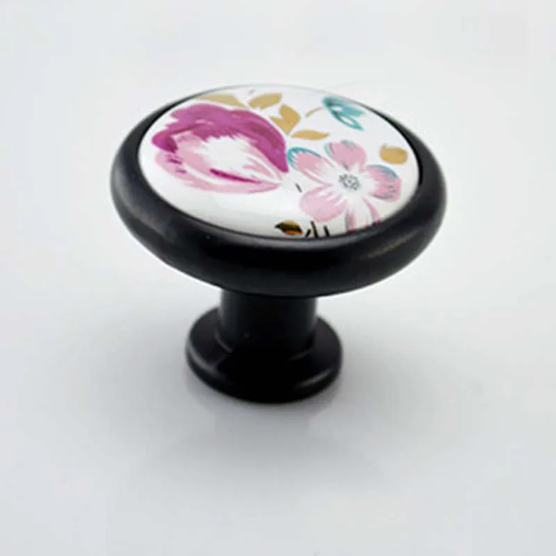 Black Zinc alloy Base ceramic round furniture cupboard door knob porcelain drawer pull