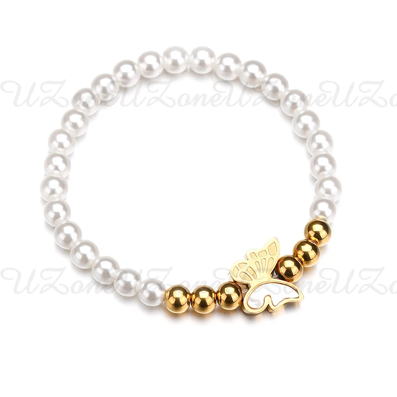 UZone Новая мода оболочки золотые браслеты с бабочками белый и золотой эластичный браслет для женщин аксессуар