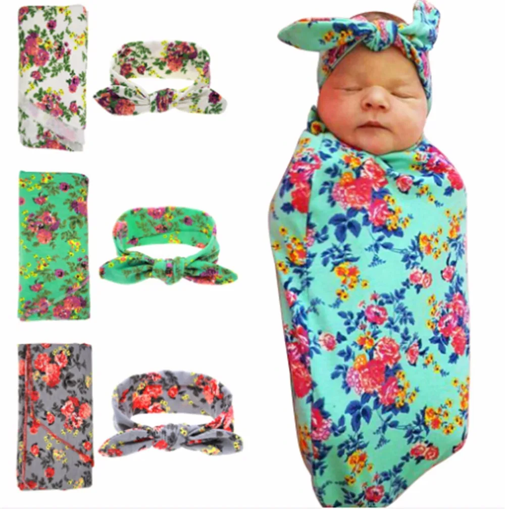 2017 Newborn kids swaddle blanket and headband set floral kids blanket newborn photography props