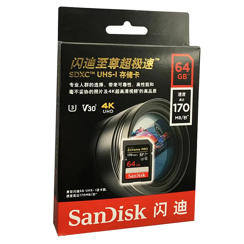 Карты памяти SanDisk Extreme Pro карты 64 Гб 128 ГБ 256 SDXC 170 м/с поддержкой C10 U3 V30 4K для цифровой