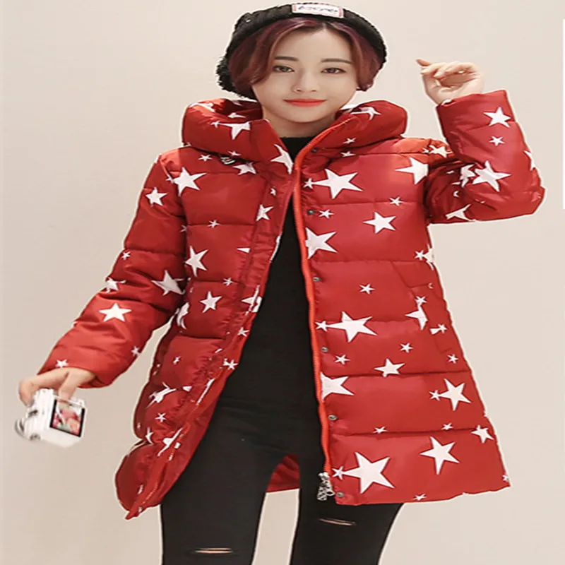 Slim Épais Manteau Veste Mode Gratuite Hiver Livraison Étoiles Coton Femelle Chaud Rembourré Dames Long Femmes Parka Vestes Impression qvYqXBwS