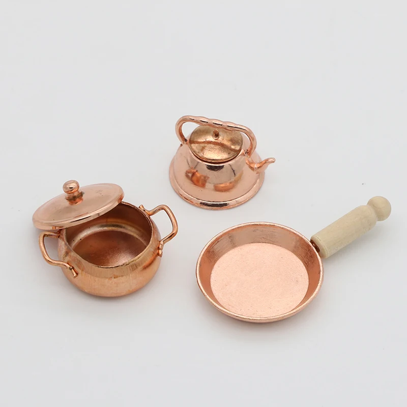 3pcs/Set Dollhouse Miniature Bronze Frying Pan Cooking Pot Kettle Cookware Kitchen Cooking Kit Dolls Accessories 1:12 Scale doll accessories,plush doll accessories