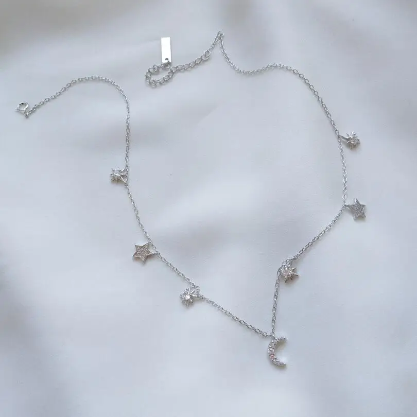Ювелирные изделия из стерлингового серебра 925 пробы, ожерелье-чокер с Луной и звездой и прозрачным цирконием для женщин, девушек, банкетное ожерелье, свадебный подарок