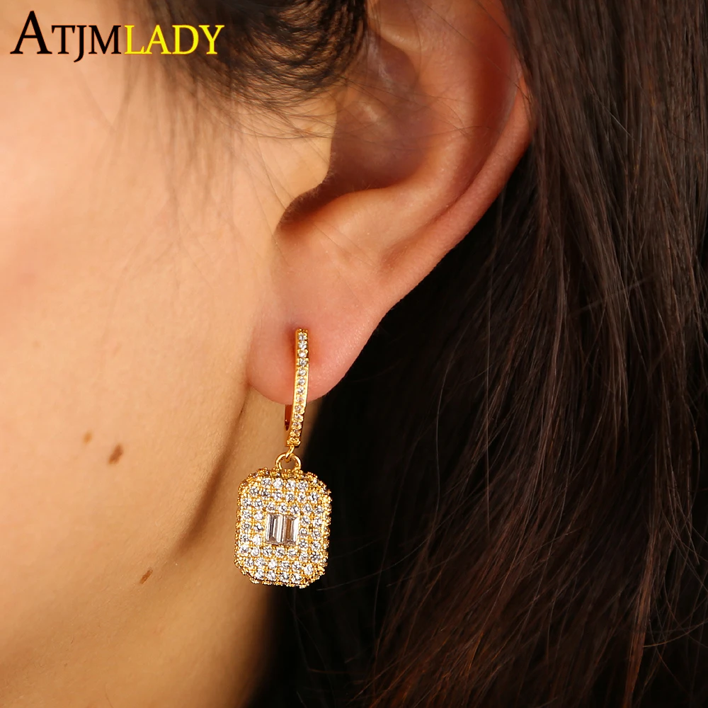 

2019 new arrived white cz micro paved square dangle charm iced out delicate gold color plated earring for women drop shipping