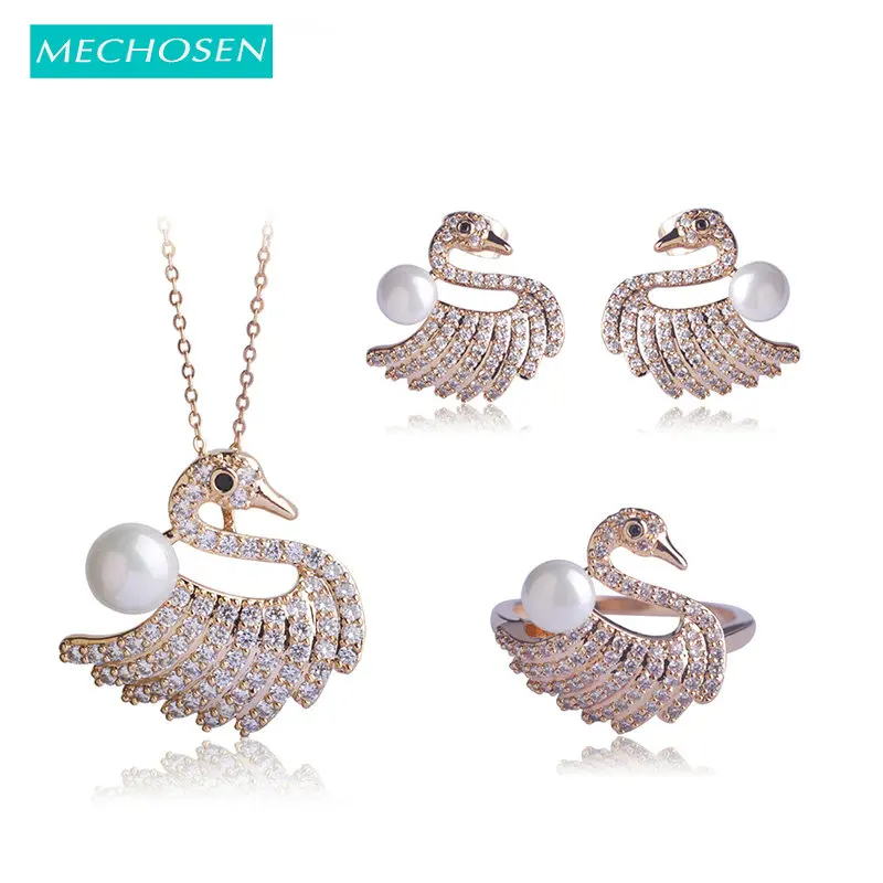 

MECHOSEN Kawaii Swan Statement Pendants&Earrings&Rings Sets Simulated Pearls Necklace Aretes Bague Anillos African Beads Jewelry