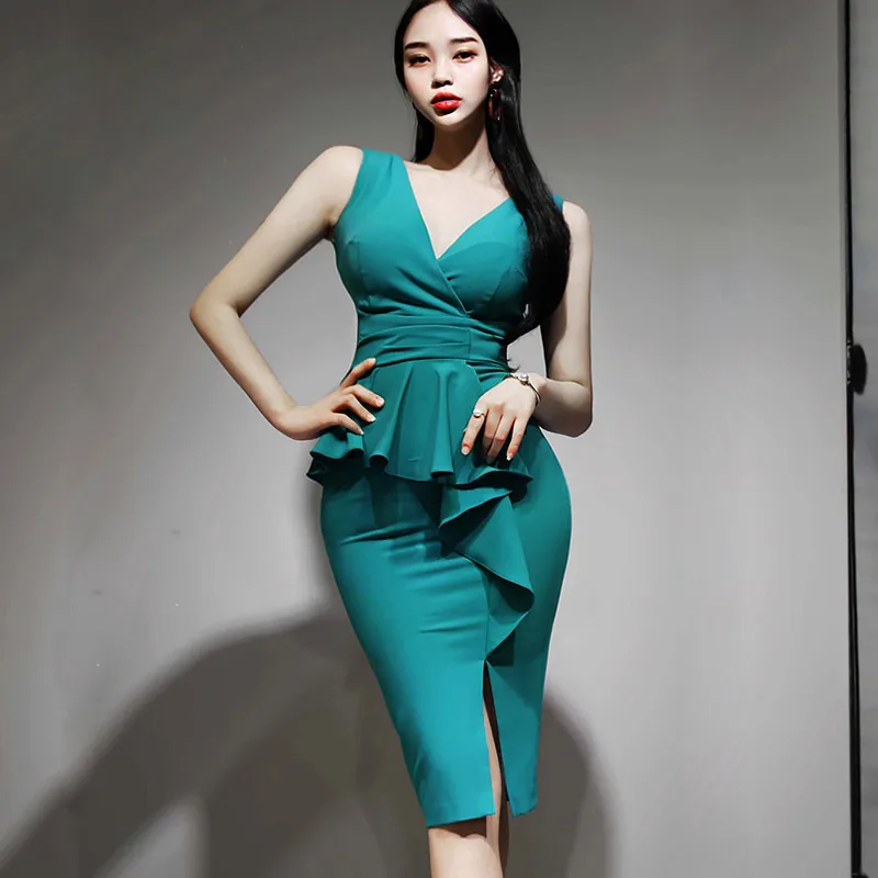 

Women Pencil Dress Women Sleeveless Ruffle Dress 2019 summer Sexy Party Dress