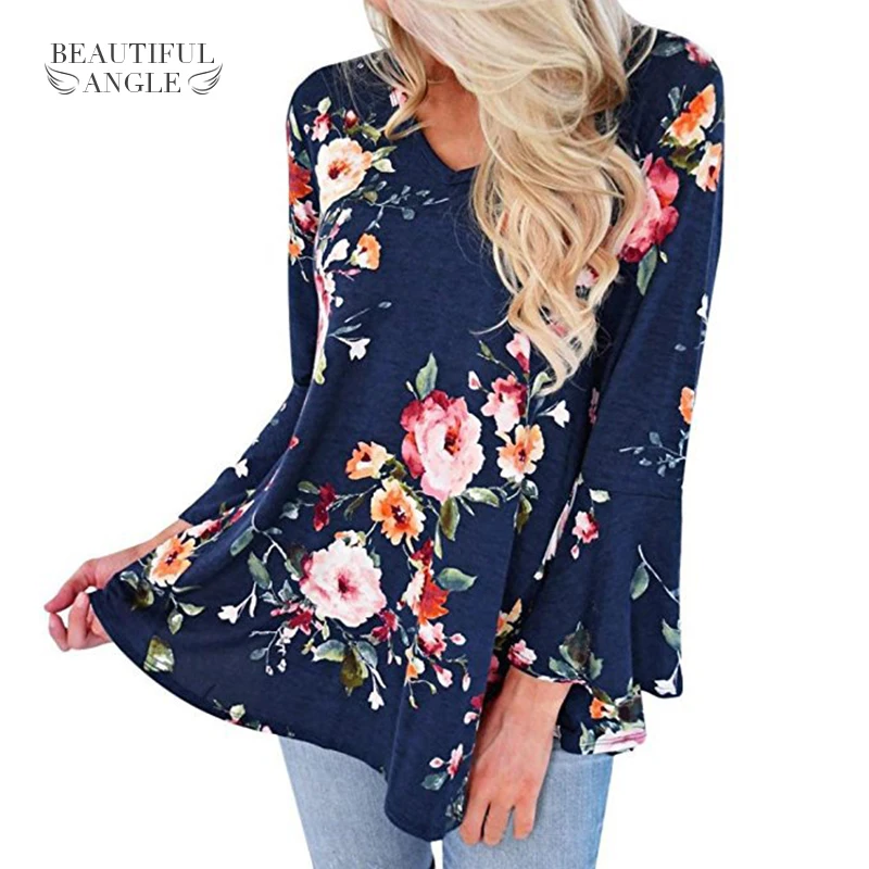 2018 Women Chiffon Print Blouse Spring Ruffled Sleeve Floral Shirt For Female V-Neck Blusas Elegant Tops Ladies |