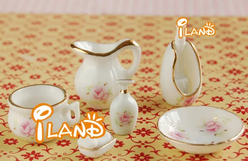 

Mini Dollhouse Mini - furniture model accessories Pastel Rose 8 sets of porcelain bathroom