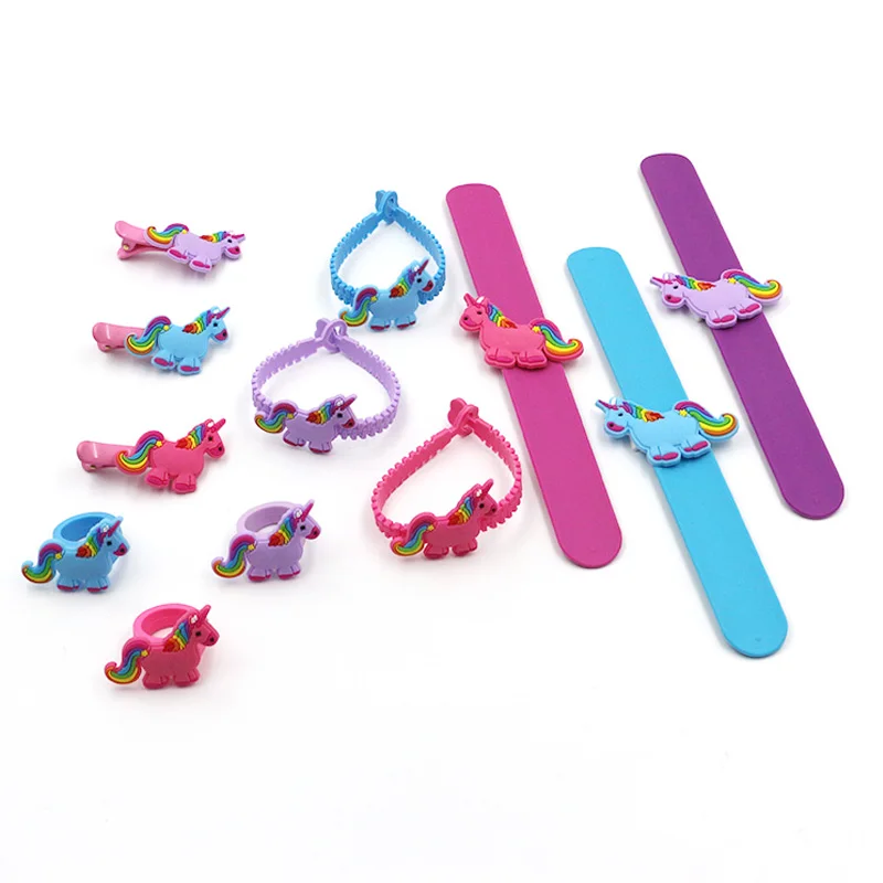 

4 PCS Kids Unicorn Bracelet Ring Silicone Wristband Children Jewelry Set Gift PVC Headwear Hair Clip Toy Decoration