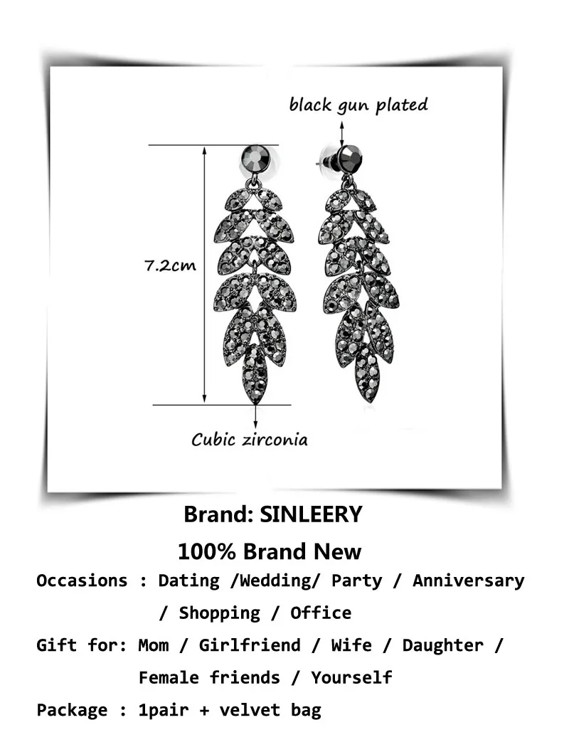 SINLEERY роскошные черные кубические циркония оливковое длинные серьги в форме листа для женщин Свадебная вечеринка Винтаж на заказ ювелирные изделия Es173 SSH