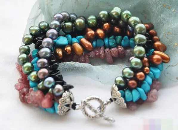 

FREE SHIPPING>>>@@ 3759 6row 8" green gray coffee pearl agate turquoise bracelet