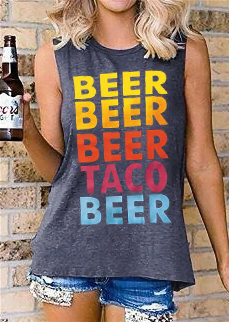 Gray Tank Tops 2019 Summer New Fashion Beer Letter Print Tees Casual O-neck Loose Camis For Women Top | Женская одежда