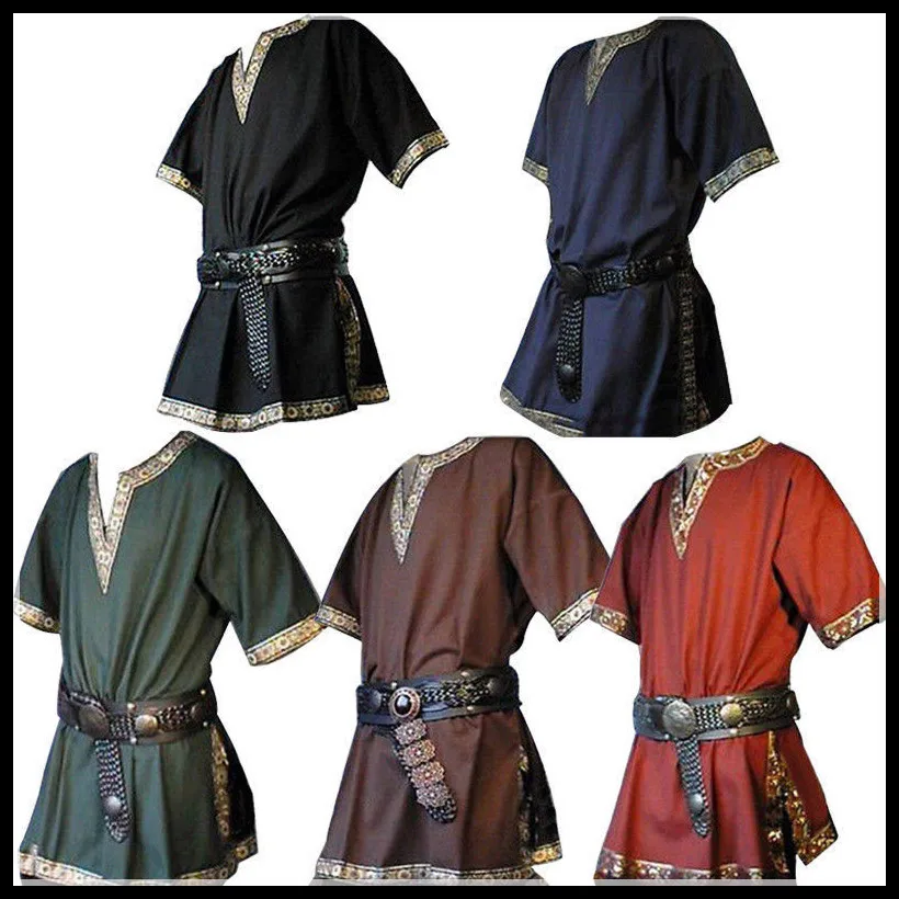 

Adult Men Medieval Knight Warrior Costume Tunic Clothing Norman Chevalier Braid Viking Pirate Short sleeve v-neck Shirt For Men