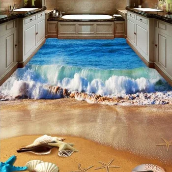 

Custom 3D Photo Floor Wallpaper 3D Stereoscopic Bathroom Floor PVC Wall paper Self-adhesive Dolphin Seaside Wave And Shell Mural