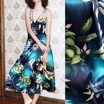 

118CM Wide 19MM 93% Silk & 7% Spandex Plants Print Stretch Blue Silk Satin Fabric for Summer Dress Clothes Cheongsam D1058