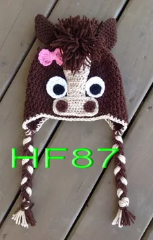

free shipping, Lovely Cartoon handmade Crochet Brown pony hat , Baby Christmas Hat ,100% cotton baby Pink bowknot horse hat caps