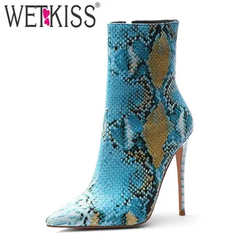 

WETKISS Colorful Snake Skin Pu Ankle Boots Women Stiletto Heels High Booties Para Mulheres Pointed Toe Party Shoes Female Winter