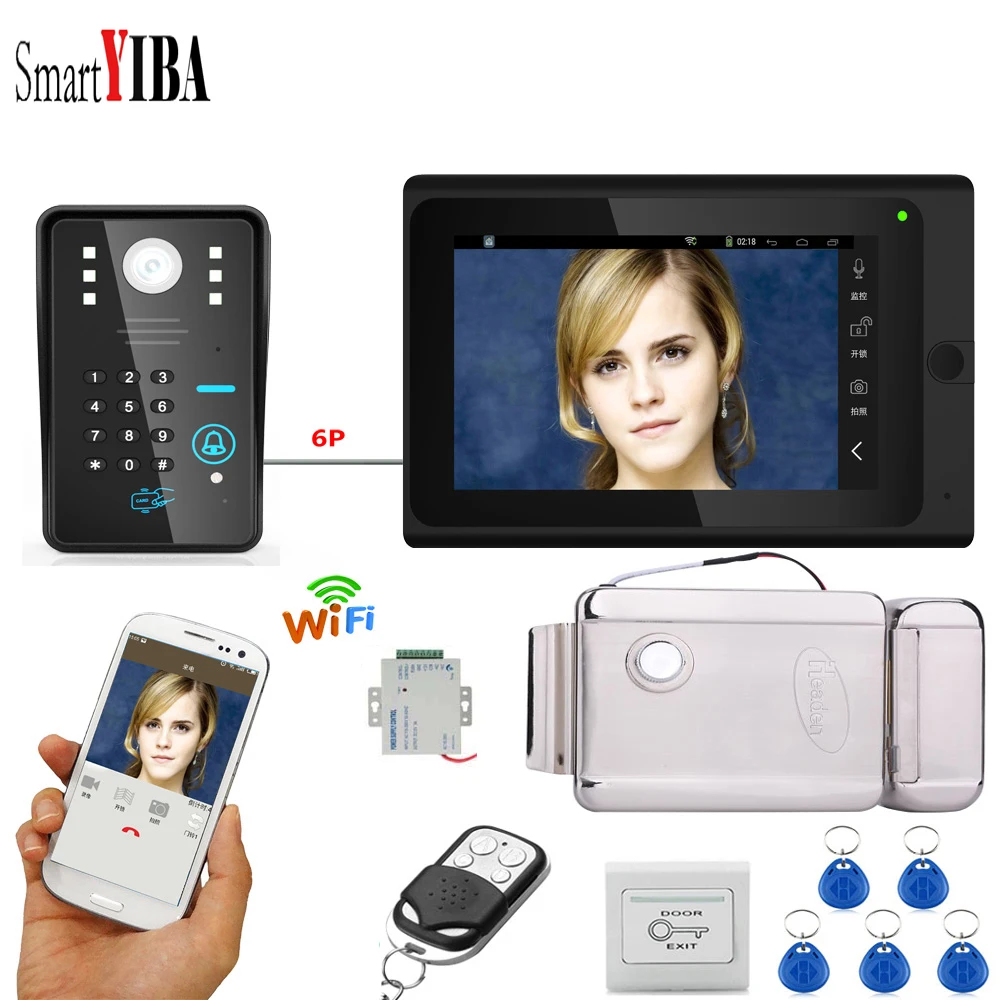 ##BUY SmartYIBA APP RFID Password 7 Inch Monitor Wifi Wireless Video Door Phone Doorbell Camera Intercom System+Power Supply Door Lock