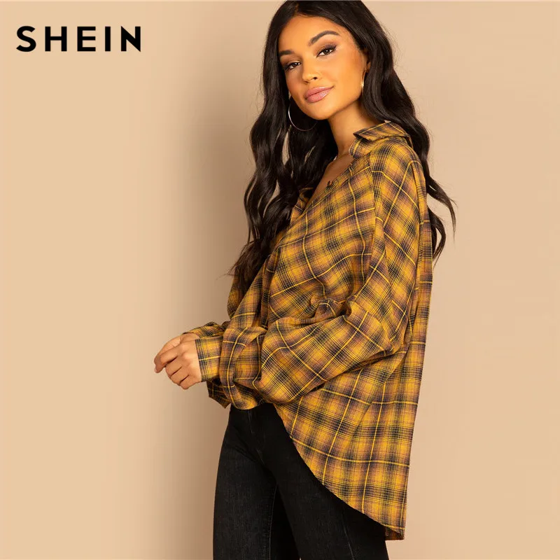 SHEIN Рубашка В Клетку С Заниженной Линией Плеч Блузка Свободного Кроя Длинным
