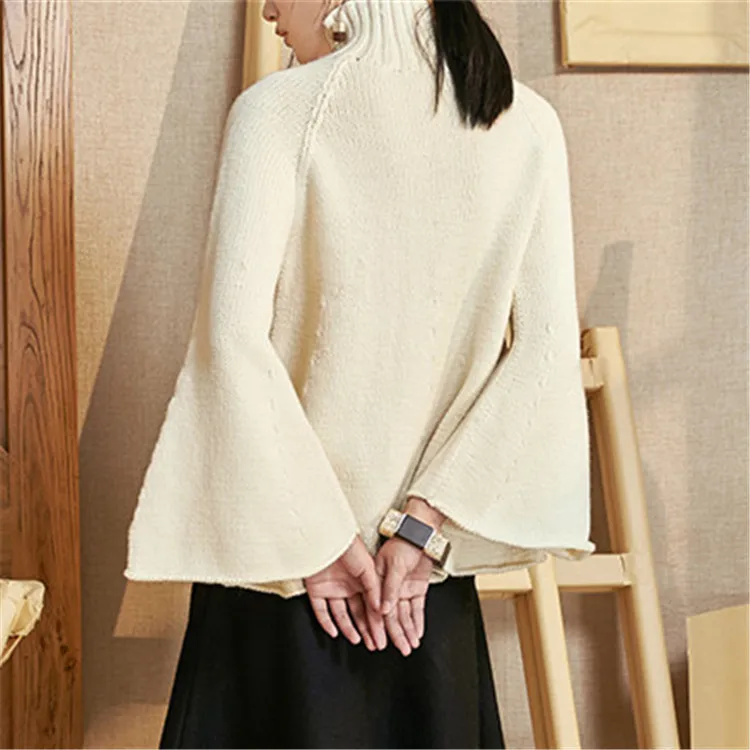  100%hand made pure wool turtleneck knit women streetwear solid slim flare sleeve pullover sweater o
