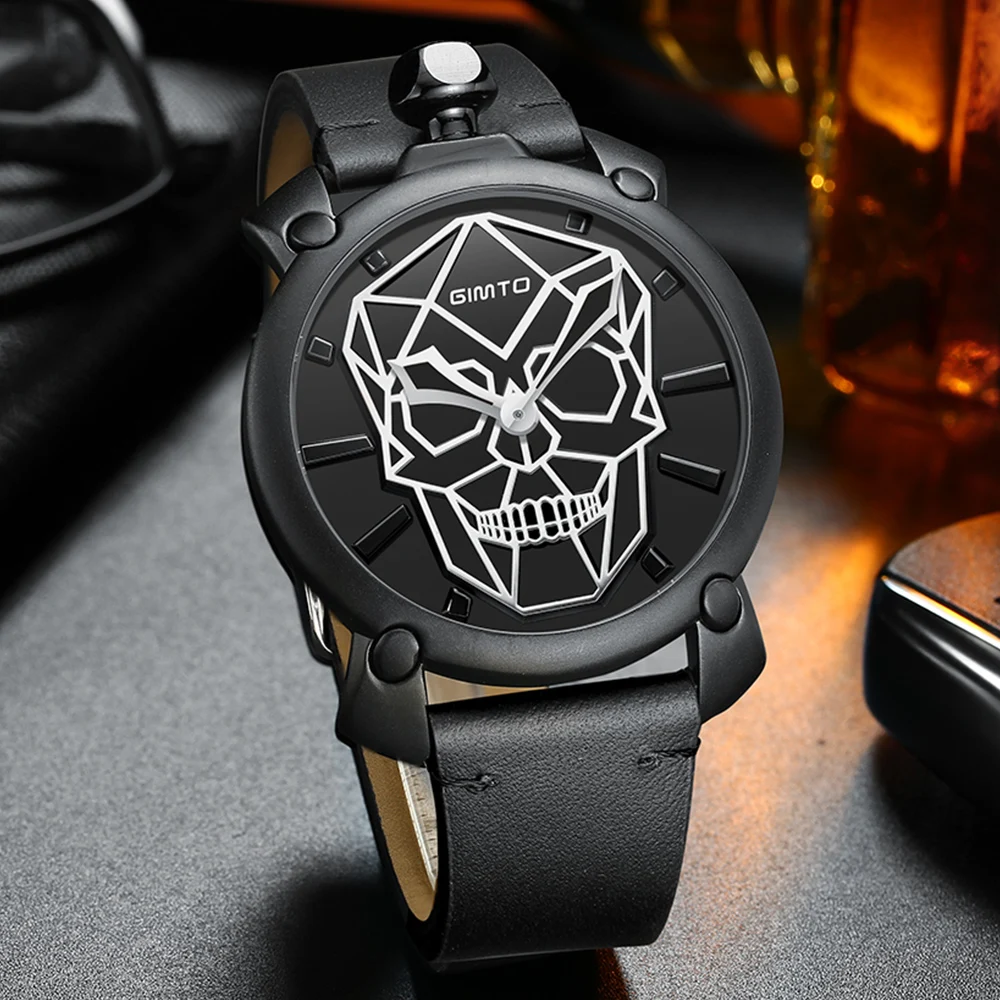 Ceny 2018 kreatywny czaszka mężczyźni zegarek marki luksusowe złoty zegar mężczyzna wojskowy zegarki Casual Vintage skórzany zegarek wodoodporny relogio