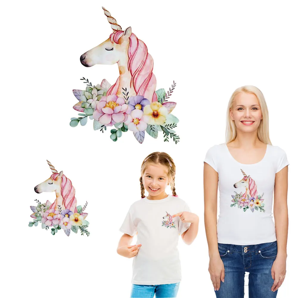 

watercolor unicorn parent-child clothes heat transfer ironing stickers patches for clothing transfert thermocollants t-shirt