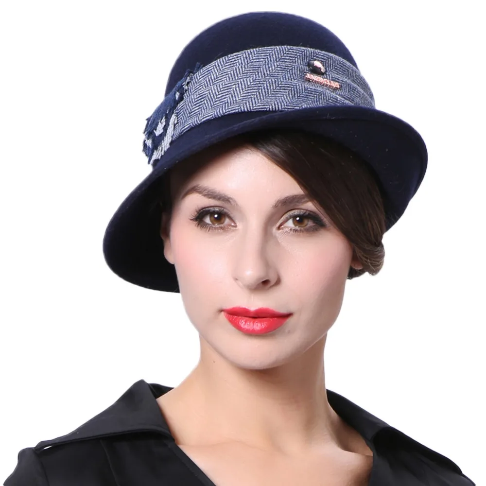 June's Young Women Hats Dark Blue Color Short Brim 100 Wool Material