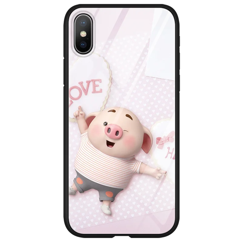 Luxury Tempered Glass Phone Case For iphone X 11 Pro XS Max XR 10 6 6S 7 8 Plus Pig Small Fart Cute Case For iphone XS Max Coque