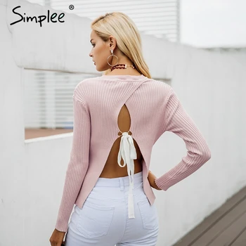 

Simplee Backless bow knitted sweater women O neck casual pullover female 2017 autumn knitting jumper winter sweater pull femme