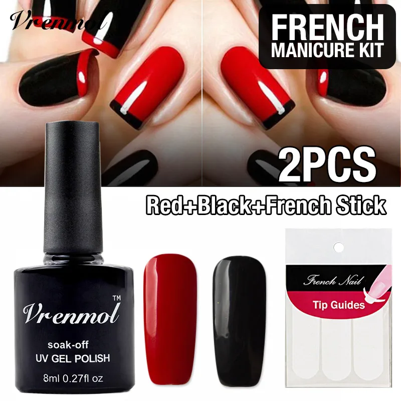 

Vrenmol 2pcs French Manicure Set Nail Design Black and Red Color French 3D Sticker Kit UV Nail Gel Soak Off Gel Lacquer