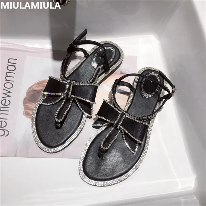 

MIULAMIULA Brand Designer 2019 Summer New Luxury Rhinestone Butterfly Knot Woman Flat Sandals Back Strap Lady Shoe Buckle Beach