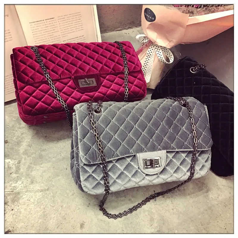 

European and American style vintage bag Ling plaid chain shoulder bag Women fashion Temperament joker bag velour messenger bag