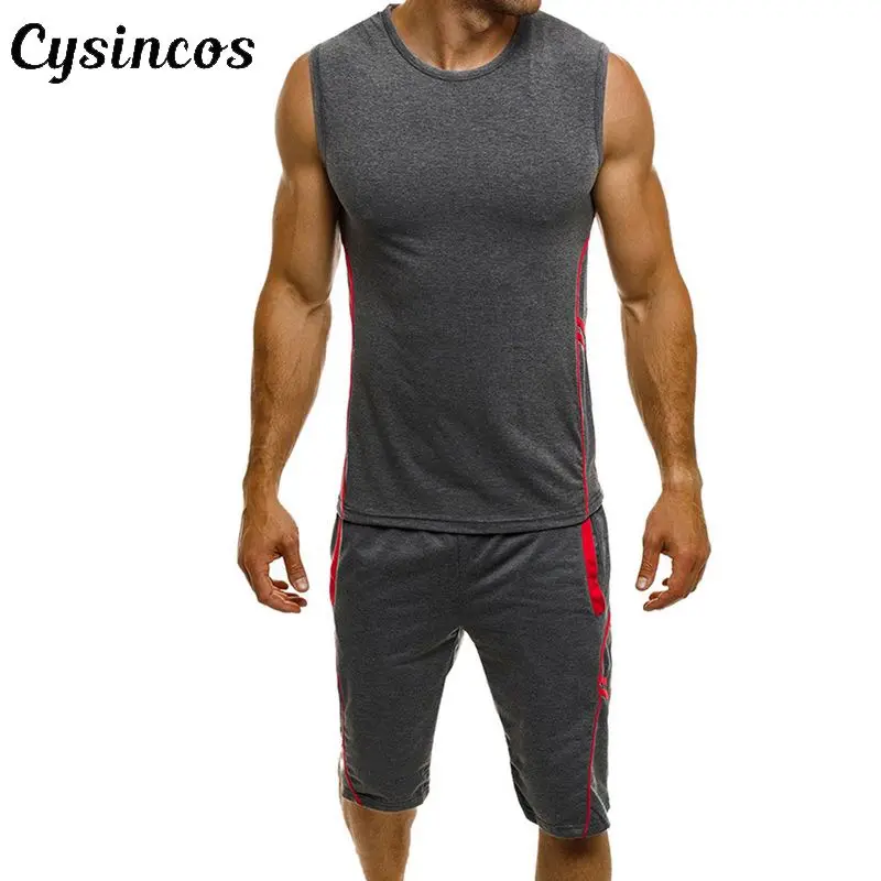

CYSINCOS 2019 Summer Men's Tracksuit Sets Mens 2 Pcs Sleeveless Tops&shorts Sporting Sets Bodybuilding Sportswear Joggers Set