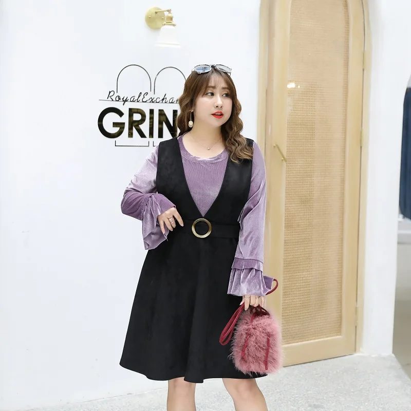 

Korean Style Office Slim Full Flare Sleeve O-Neck Plus Size XL-4XL Women Two Piece Dress 2019 Spring New Top Selling Lady