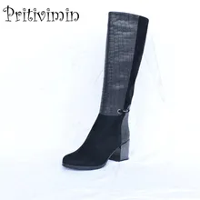 2017 Fashion female winter warm lined shoe woman thick high heel long boots Ladies genuine leather footwear Pritivimin FN60