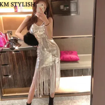 

2019 Early Spring New Sexy Tassel V-neck Sequins Black Champange Silver Dress Slim Spaghetti Strap Thin Medium Long Dress