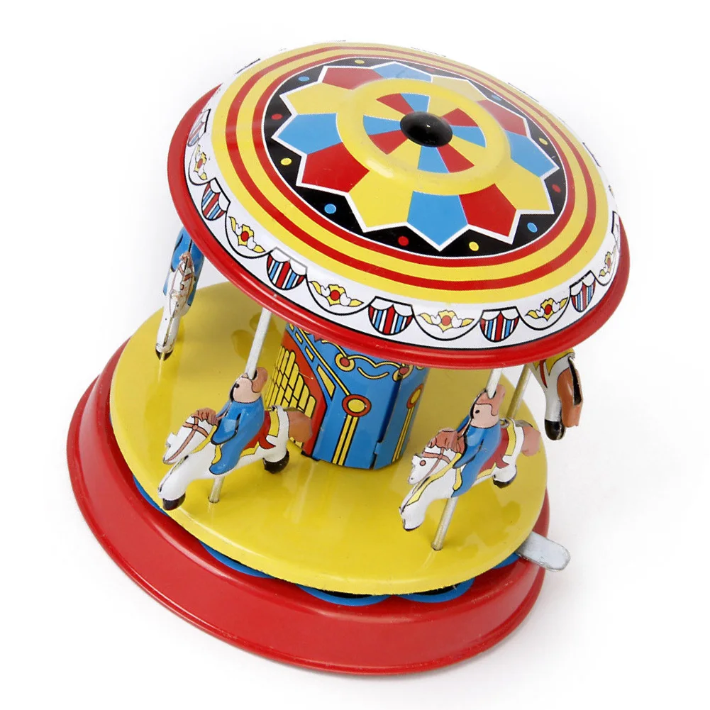1PC Vintage Wind up Clockwork Carousel Rotating Art Crafts Collectible Toy Puzzles Assembly Model Gift For Kids