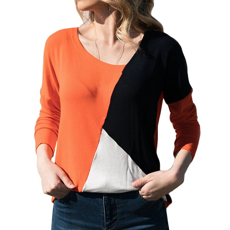 Laamei, женский свитер, пуловер, пэчворк, длинный рукав, рубашка, Женский Повседневный Свободный Топ, футболка, сексуальная, v-образный вырез, женская рубашка, Blusas - Цвет: orange black