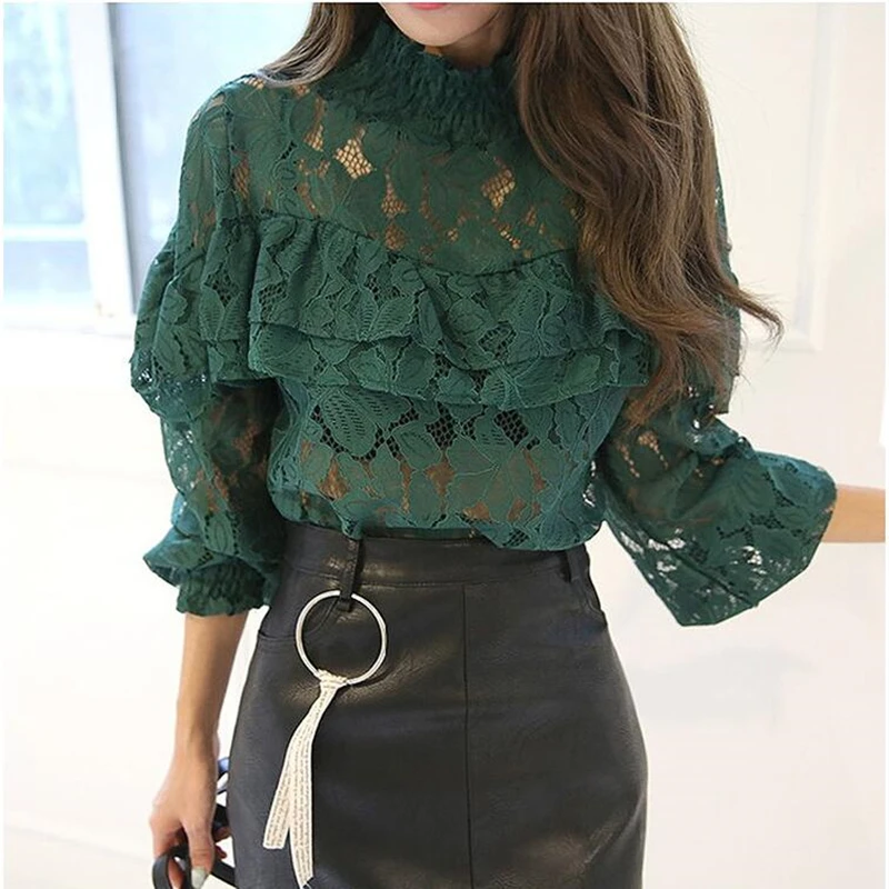 Ruffle Lace Blus Lengan Panjang 2017 Musim Semi Seksi Berdiri Kerah Perspektif Renda Tops Wanita Pendek Desain Lucu Putih Renda Kemeja
