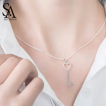 

SA SILVERAGE 2018 Women Heart Shape Key Chain Necklaces Real 925 Sterling Silver Necklaces Fine Jewelry Pendants For Women