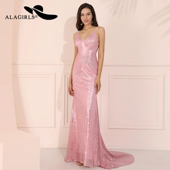 

Alagirls Sexy Pink Backless Evening Dress robe de soiree longue 2020 V Neck Evening Gowns Spaghetti Formal Party Dress