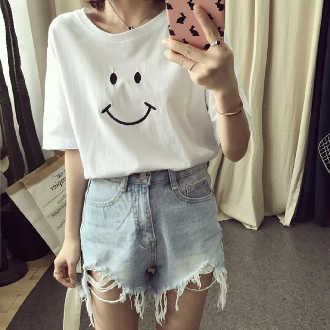Sonrisa imprimir camiseta mujeres manga corta o-cuello camiseta verano Ladies casual camiseta sólida Tops camiseta Mujer Sonrisa imprimir camiseta mujeres manga corta o-cuello camiseta verano Ladies casual camiseta sólida Tops camiseta Mujer